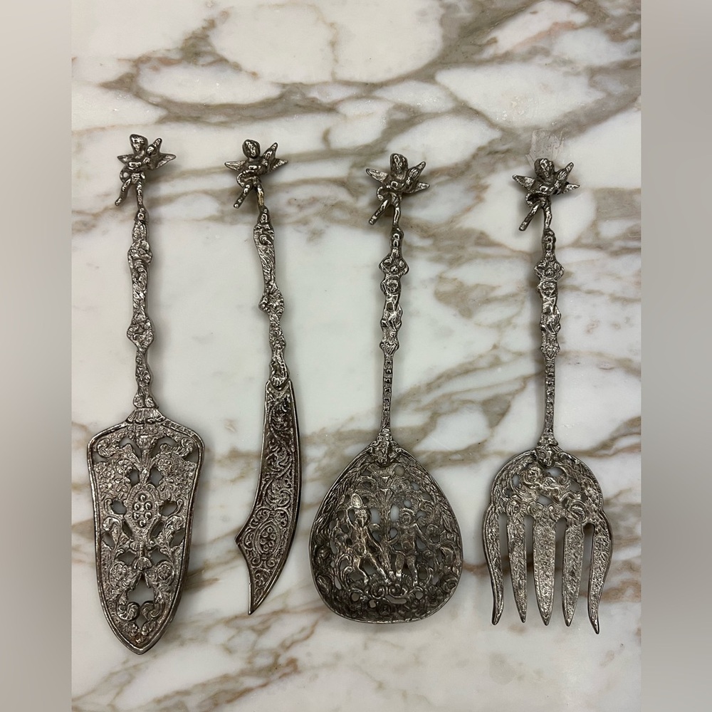 Rare Antique Ugo Bellini Italy Cherub Ornate Silver Serving Set